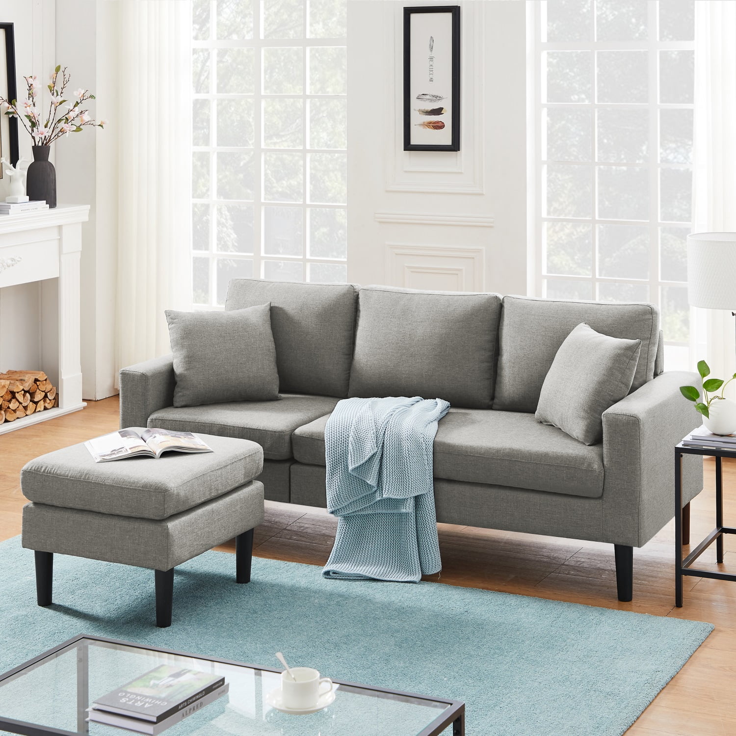 Kadyn 72" Sectional Sofa, L-Shaped Sofa with 2 Pillows, Fabric 3-Seat Sofa for Living Room, Light Grey