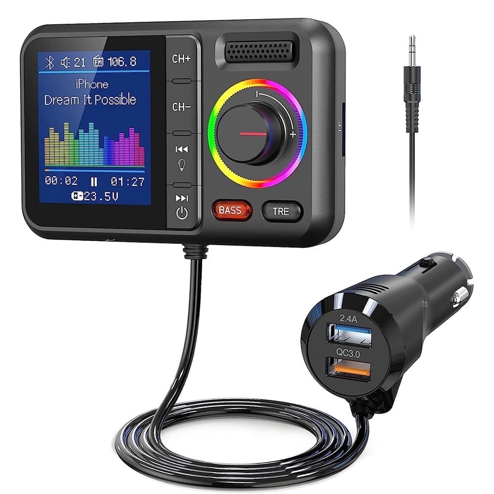Lc-dolida Bluetooth FM Transmitter for Car, Wireless Car Bluetooth V5.0 Adapter with Big Color Screen, Support Qc3.0 Fast Charging, Hands-Free Call,