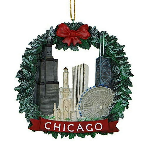 Chicago Christmas Ornament 4 Inch Wreath and Chicago Skyline