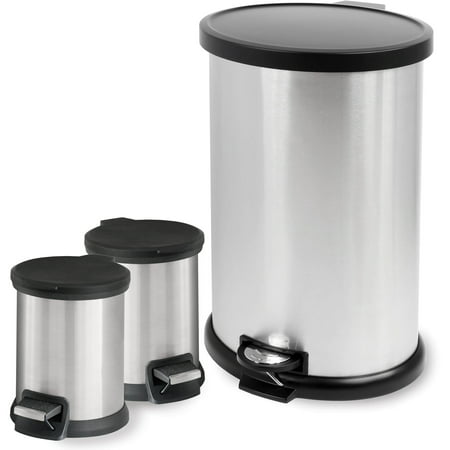 Mainstays 3-Piece Stainless Steel 1.3 Gal and 8 Gal Waste Can Combo