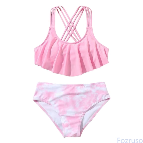 Fozruso Summer New Ruffles Pink With Chest Pad No Steel Top Tie Dye Swimming Trunks Fashion Girl Swimsuit Suit Two-Piece Swimwear Sizes 7-8 Years