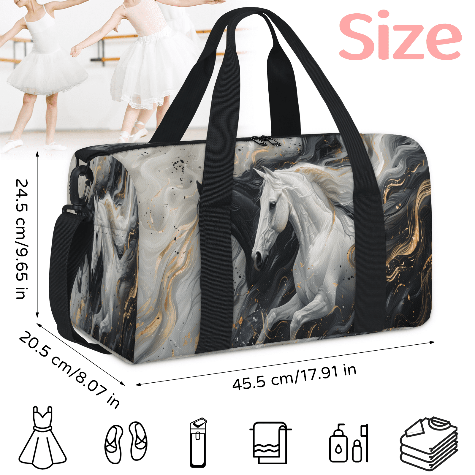 Herdesigns Horse Travel Duffle Bag Sports Yoga Weekender Overnight Carry on Workout Bags Lightweight Waterproof Gym Tote Bag for Women Marble
