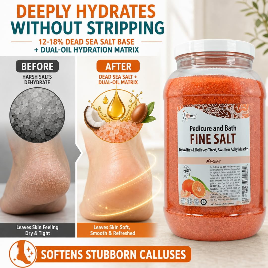 SPA REDI - Detox Foot Soak Pedicure and Bath Fine Salt, Mandarin, 128 Oz - Made with Dead Sea Salts, Argan Oil, Coconut Oil, and Essential Oil - Hydrates, Softens and Moisturizes