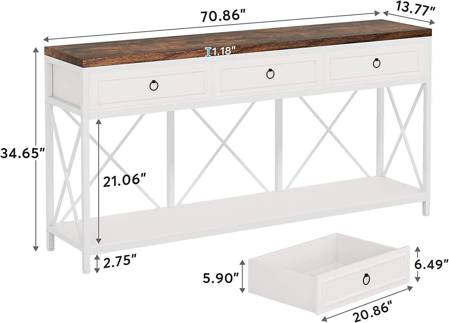 70.8-Inch Console Table with 3 Drawers, Farmhouse Entryway Table with Storage Shelf