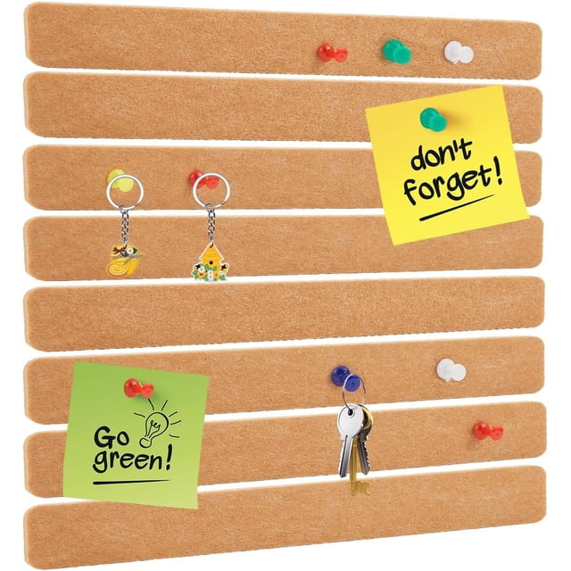 8Pcs Felt Pin Board Bar Strips Wheat Self-Adhesive Bulletin Board Sticky Notes Rectangle with 40Pcs Iron Map Pins for Memo Notepads Photos Notes Classroom Home Office Schedules Wall Decor