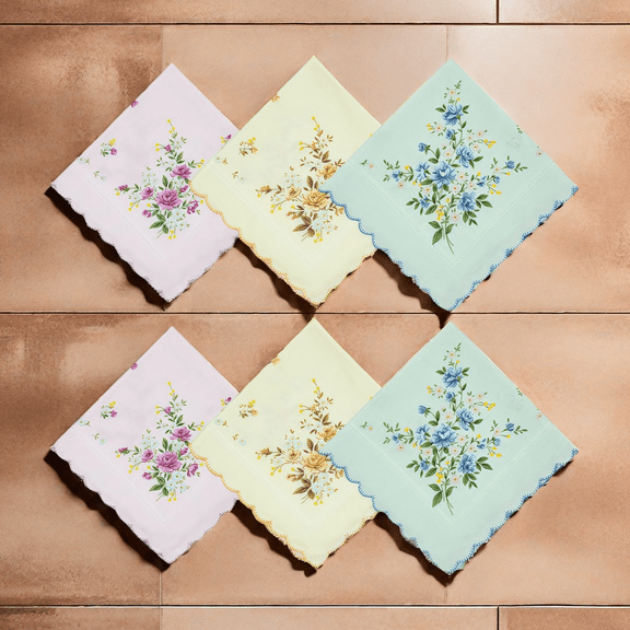 Ladies Handkerchiefs for Women | 100% Cotton 6-Pack with Wavy Edges & Floral Prints, Assorted Colors