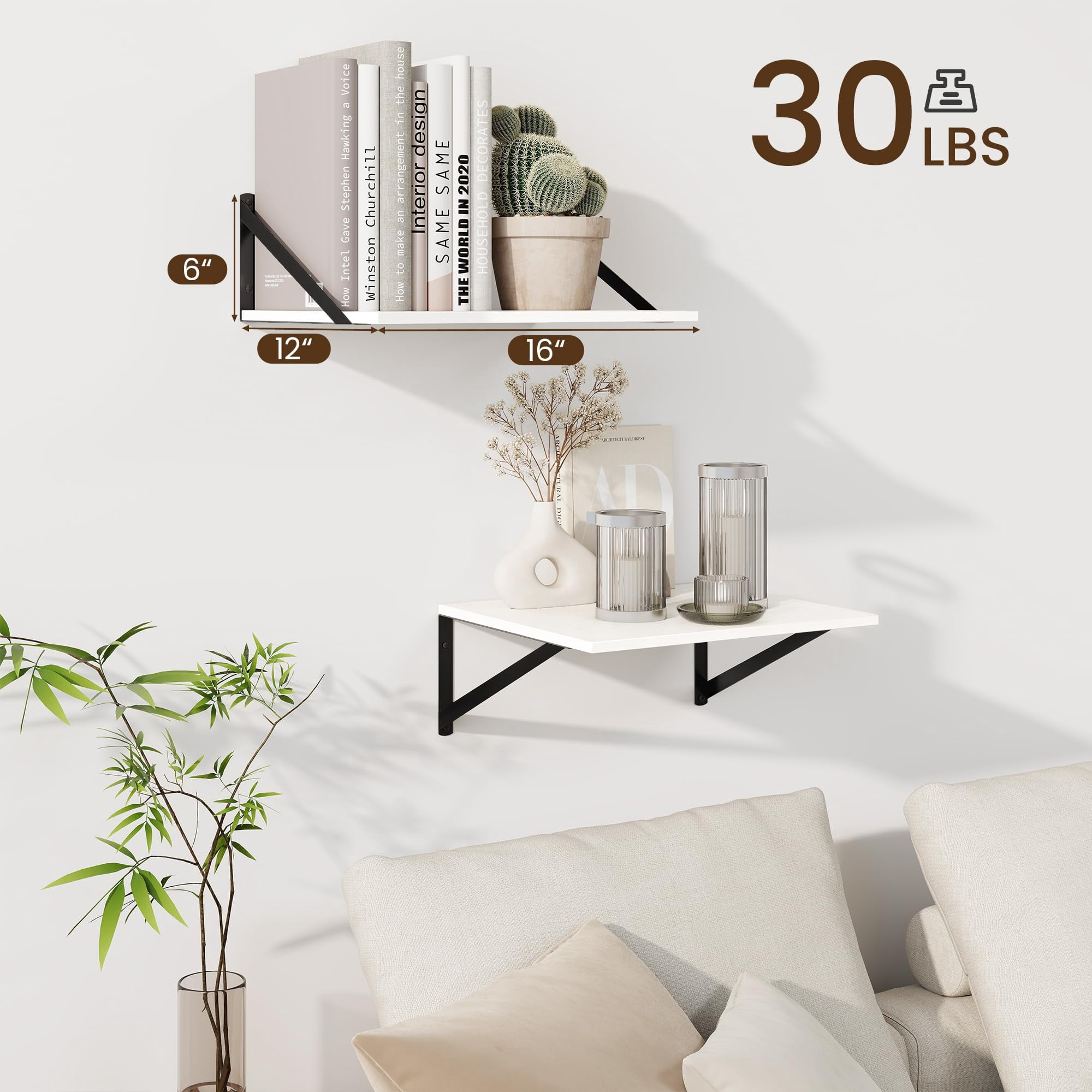 Set of 2 White Floating Shelves, 16x12 Inch Large Wall Shelf with Sturdy Metal Brackets for Living Room, Bedroom, Bathroom & Kitchen