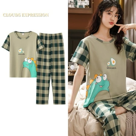 

QWZNDZGR Spring Summer Knitted Cotton Cartoon Women s Pajama Sets Short Sleeved Long Pants Plaid Sleepwear Kwaii Nighty 4XL Home Fashion