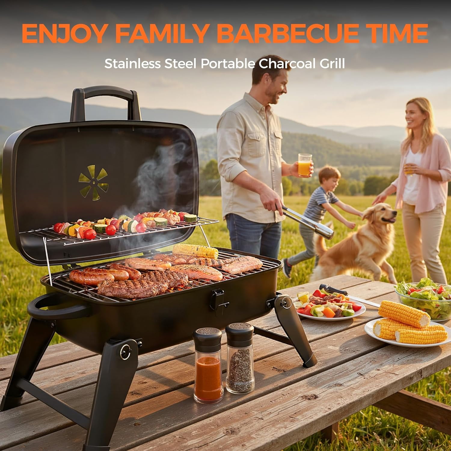 WBTER Portable Charcoal Grill, Foldable Lightweight BBQ Grill with Adjustable Air Vent and 330 sq.in. Cooking Area Outdoor RV, Hiking, Camping, Patio, Tailgating