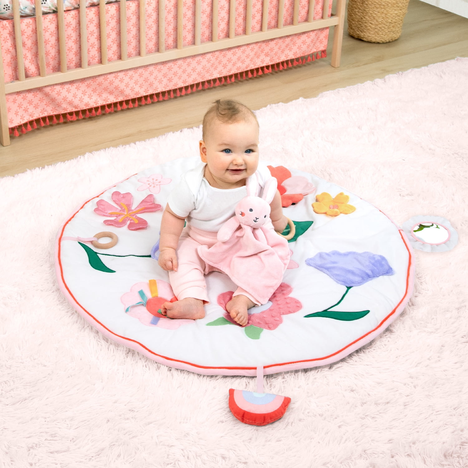 The Peanutshell Tummy Time Baby Play Mat & Lovey Security Blanket Set for Babies, Pink Floral