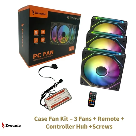 Evounic 120mm RGB and ARGB Case Fan Kit with Remote Control and 6-Port Controller Hub, Quiet Cooling PC Fans for Gaming Desktop Computers, 3-Pack