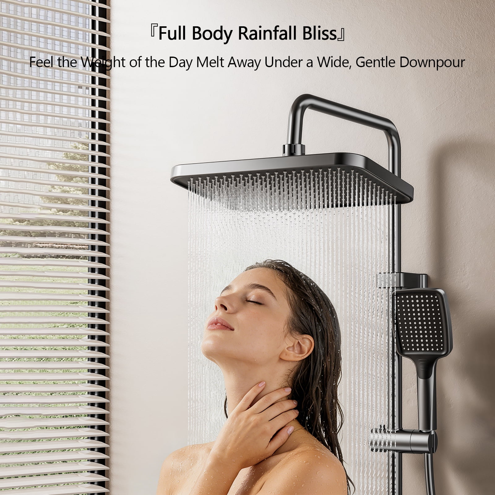 Shower System with Digital Temperature Display, Dual Shower Head Faucet Set with 12 Inch Rain Shower Head and Handheld Shower Head Fixtures, LED Piano Keys, 4 Water Outlet Modes, Gray