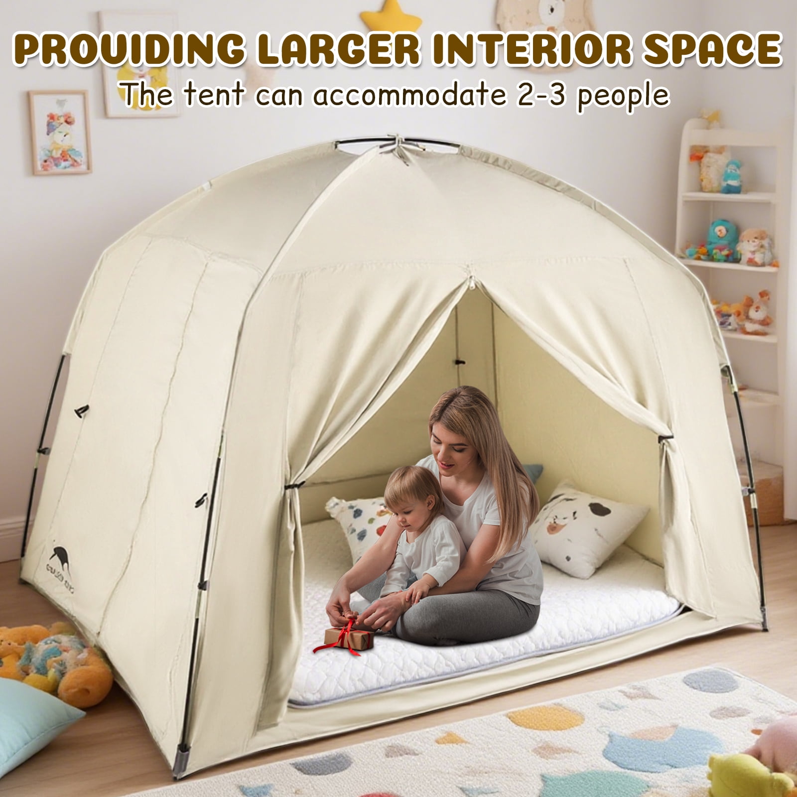 Bed Tents for Kids and Adult, Portable 100% Breathable and 85% Blackout Toddler Dream Play Tent, 3 Doors Privacy Space Sleeping Canopy for Indoor Floor or Twin Full Queen Sizes Bed (Khaki, Full-Size)