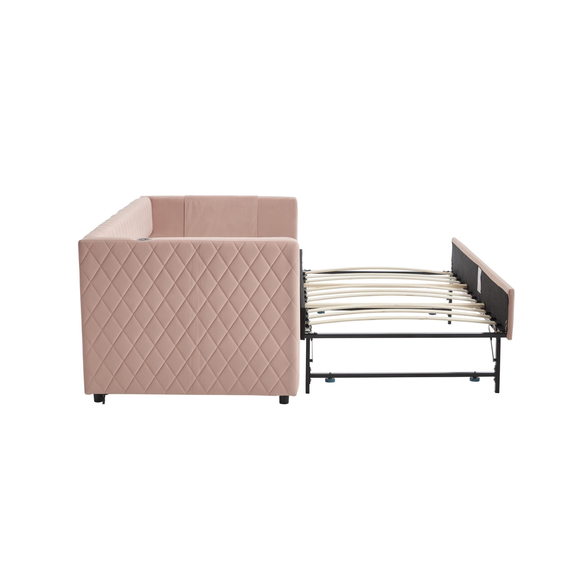 Noble House Pink Velvet Daybed with Trundle, Diamond Grid Upholstery, Wooden Frame, Modern Living Room