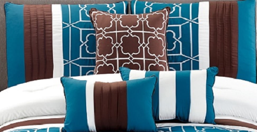 WPM 7 Pieces Complete Bedding Ensemble Brown turquoise blue white flower print Luxury Embroidery Comforter Set Bed-in-a-bag Bedding-Antonia Queen