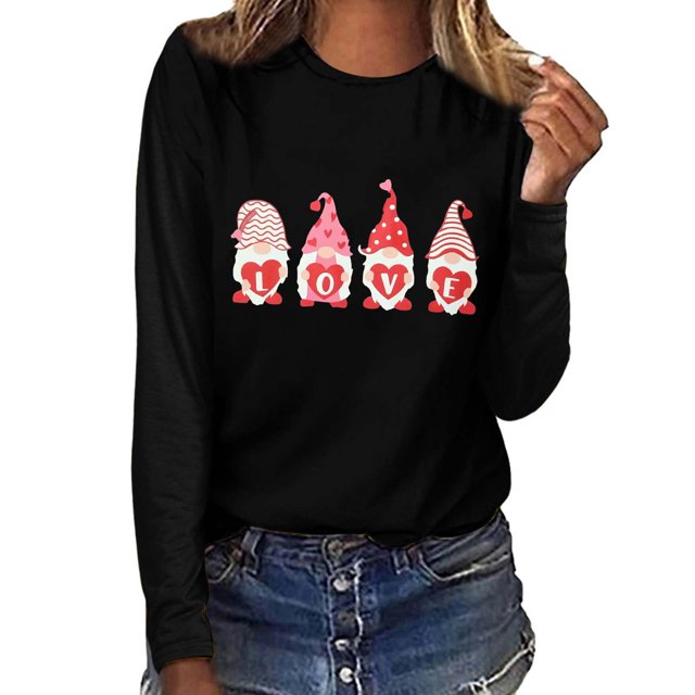 Chemises de la Saint-Valentin pour Femmes Cœur d'Amour Mignon Graphique Chandails en Molleton de la Saint-Valentin Manches Longues Col Rond Hauts de Vacances Mode Féminine Imprimé Gnome de la Saint-Valentin Col Rond Manches Longues T-Shirt