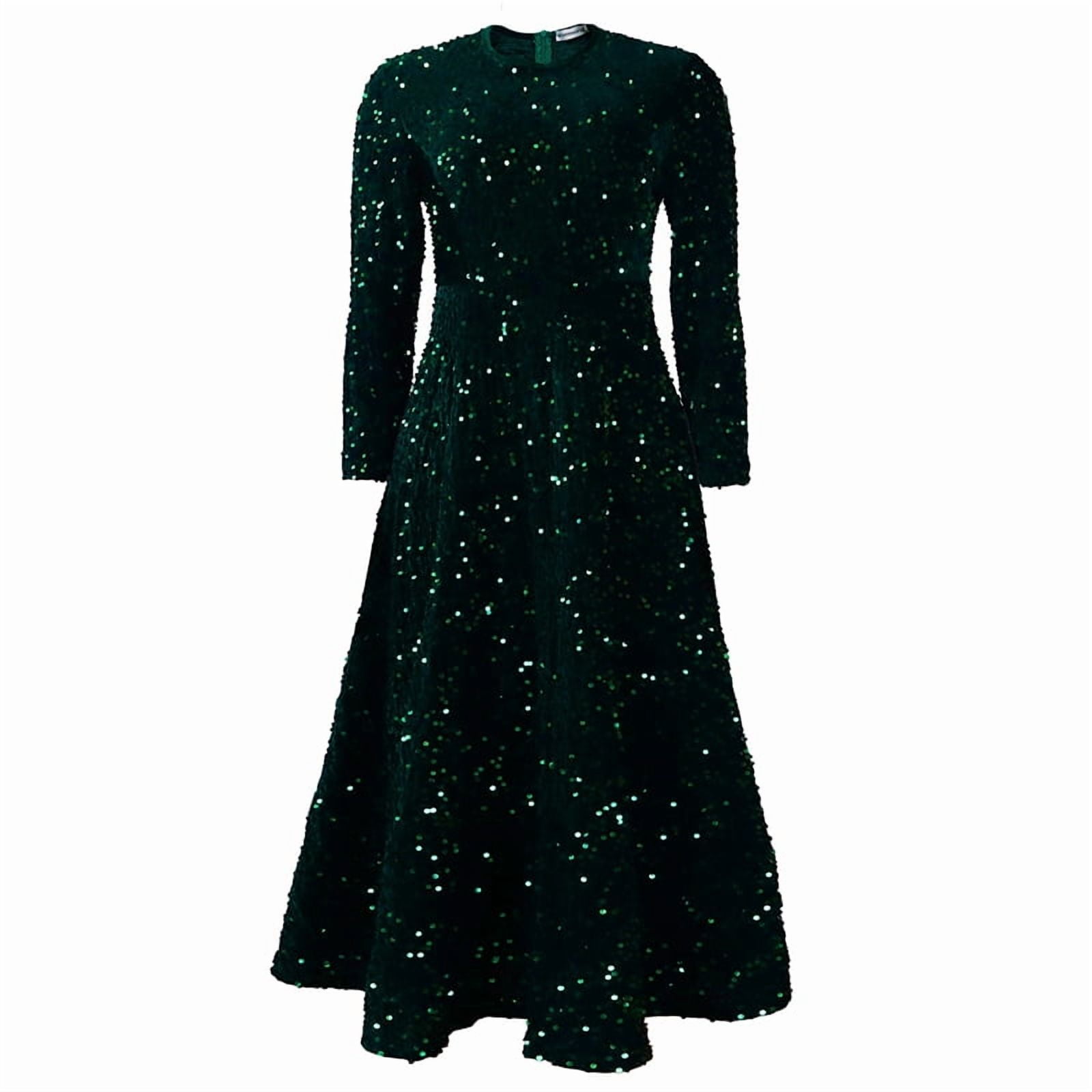 Women'S Sequin Plus Size Long Sleeve A-Line Flared Party Cocktail Sparkle Glitter Evening Shiny Maxi Dress Green XXL