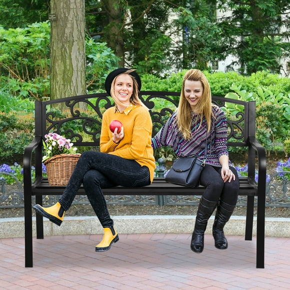 Outdoor Garden Bench Patio Bench with Back and Cast Iron Armrest, 50" Sturdy and Secure Steel Frame Patio Bench for 2 Person for Park Garden Porch Yard , Black