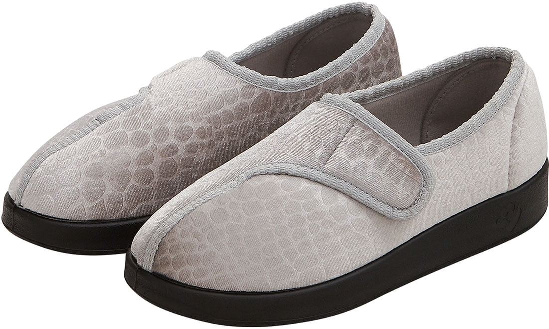 Women’s Extra Wide Easy Closure Jewel Slippers for Seniors, 7, Light Grey