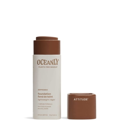 Attitude Oceanly Light Coverage Foundation Stick, Titanium Dioxide-Free, Ewg Verified, Plastic-Free, Vegan & Cruelty-Free Makeup, Espresso, 0.42 Ounces