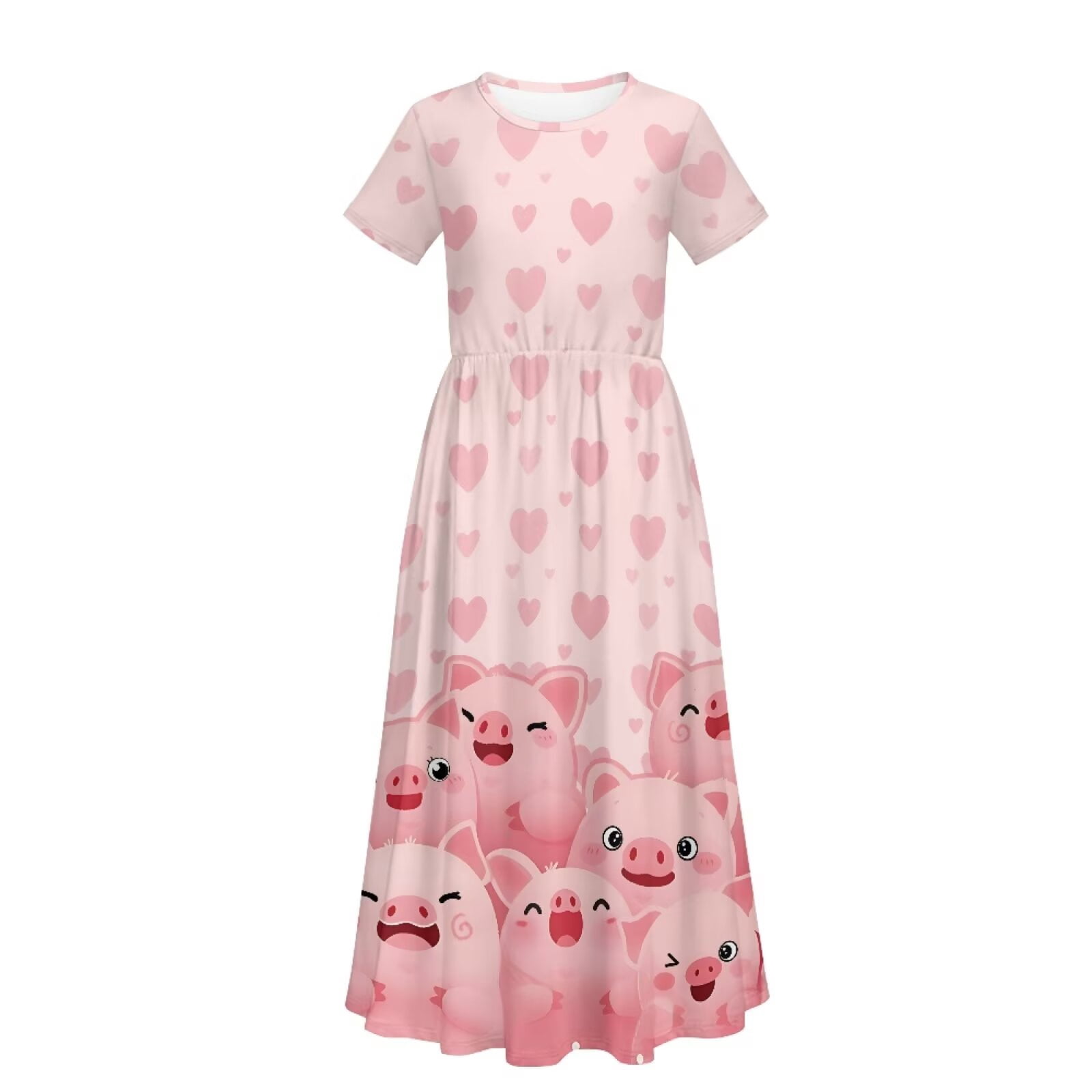 Uourmeti Girl's Short Sleeve Dress Cartoon Pig Hearts Print Round Neck Loose Casual Long Maxi Dress with Pockets Flowy Cute Outfits, Size 5-6 Years
