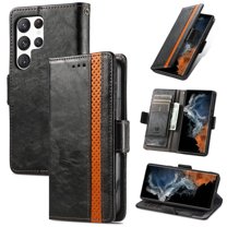 ELEHOLD Premium Leather Wallet Case for Samsung Galaxy S23 Ultra 6.8" Practical Card Slots Money Slot Stand Function Luxury Purse Case,Black