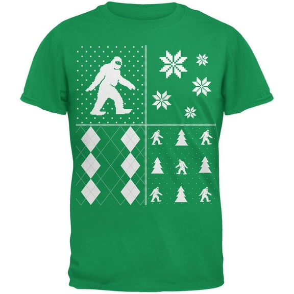 Sasquatch Festive Blocks Ugly Christmas Sweater Green Adult T-Shirt - 2X-Large