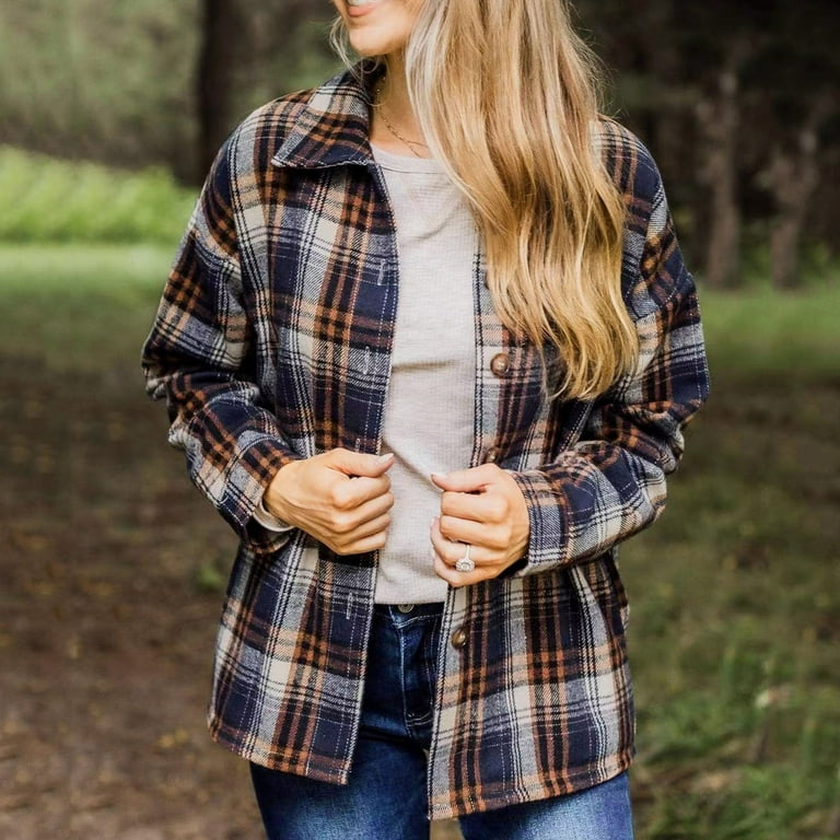2DXuixsh Women Jackets Fashion Women's Plaid Shirt Jacket