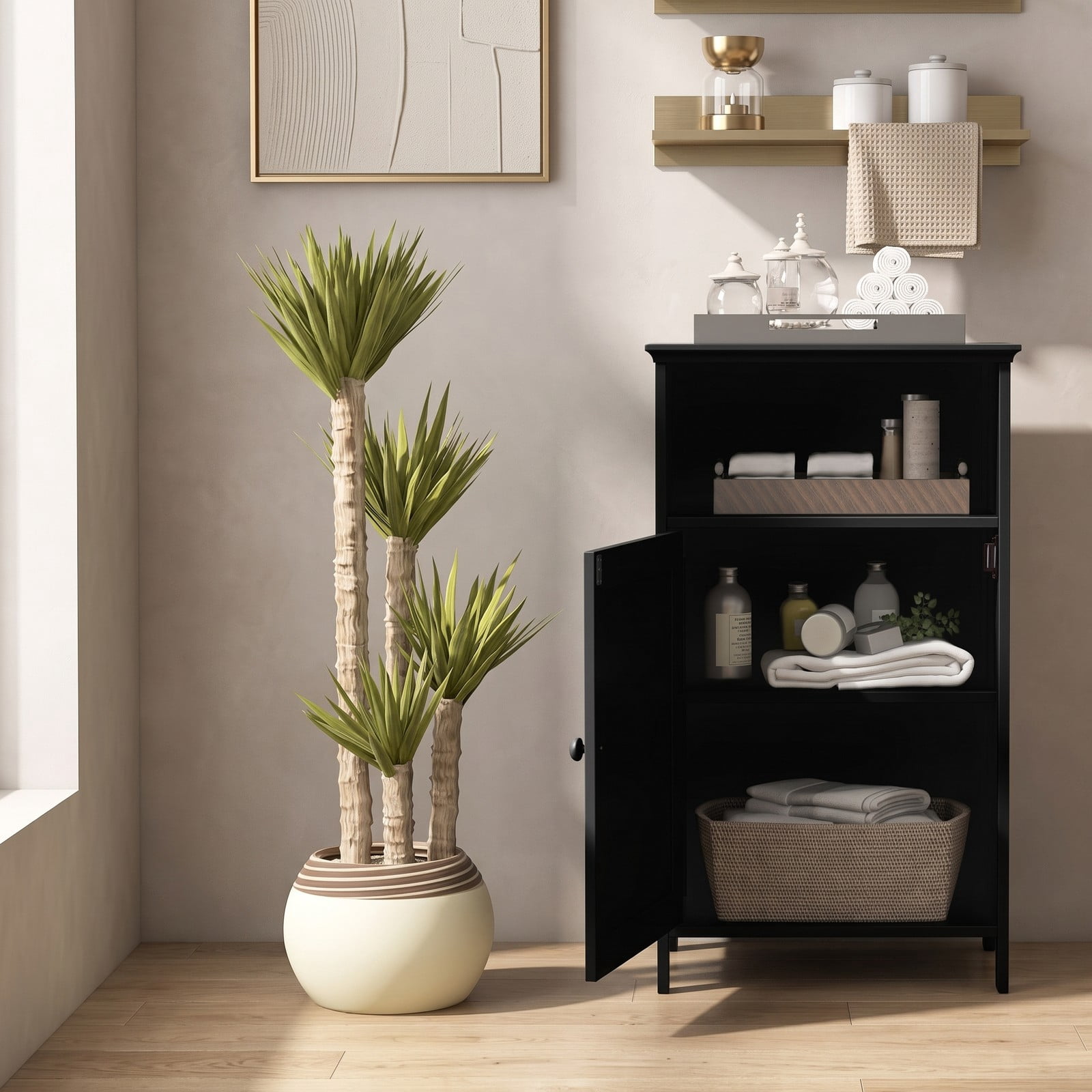 Fenbeli Bathroom Freestanding Floor Storage Cabinet with Adjustable Shelf and Open Cube, Waterproof MDF Side Organizer for Bathroom Living Room Bedroom Entryway, Black