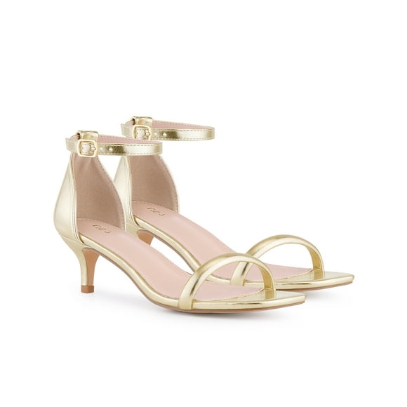 BLISSFUL STEP Chaussures pour Femmes Sandales à Talon Kitten à Bride de Cheville Métalliques à Bout Carré Or 10