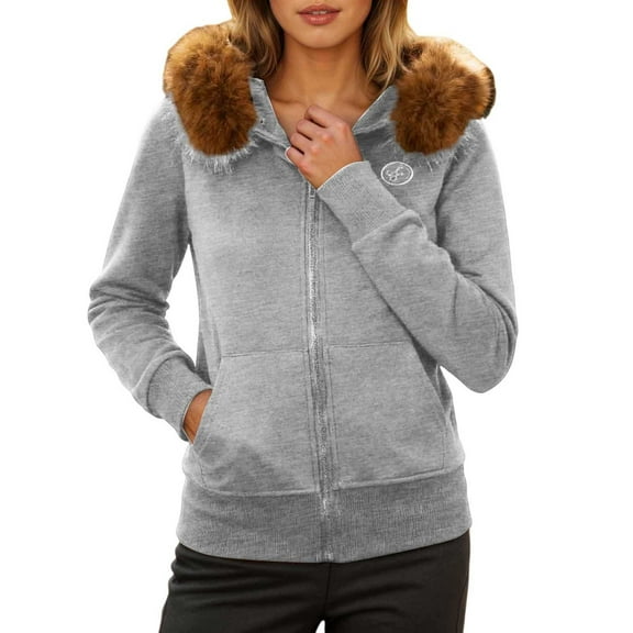 Arlun Womens Fuzzy Trim Zip-Up Hoodies Lining Casual /Loose Long Sleeve Hooded Sweatshirt Jacket with Pockets 2025 Fall Winter Plain Stylish Outwear Clothes 4-Grey XL