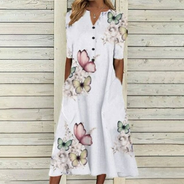 Robe de Plage Femme Décontractée à Manches Courtes Robes Taille Empire Robe sous le Genou Poches