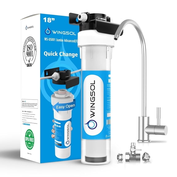 WINGSOL US-001 Jumbo F Under Sink Water Filter, 24K Gallons Reduce PFAS & Heavy Metals, NSF/ANSI 42 & 53 Improve Taste & Odor, with Dedicated Faucet & Mineral pH