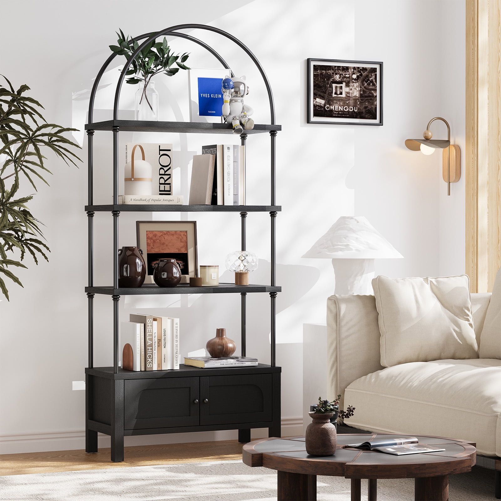 Furnibear Arched Bookshelf with Door 72 Inches Tall 5 Tier Storage Shelf with Cabinet,Modern Open Bookcase for Living Room or Home Office,Black