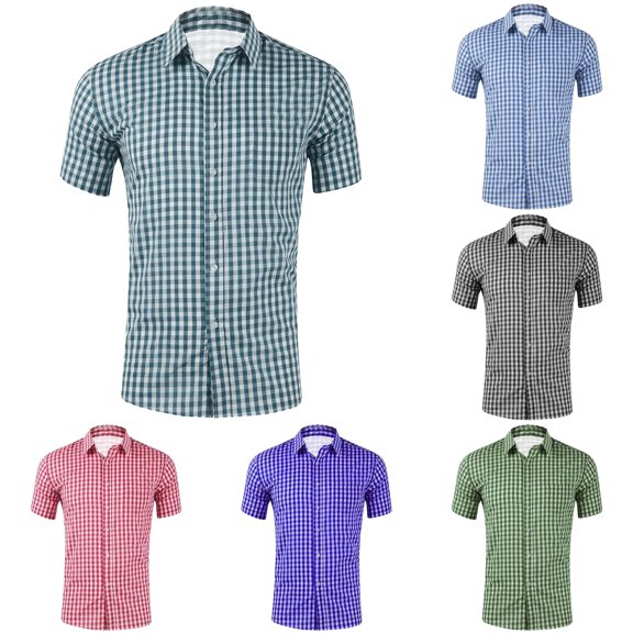 Wxolcjlv Mens Gingham Check Short Sleeve Button Down Shirts Regular Fit Outdoor Wear Soft Woven Fabric Dress Tops