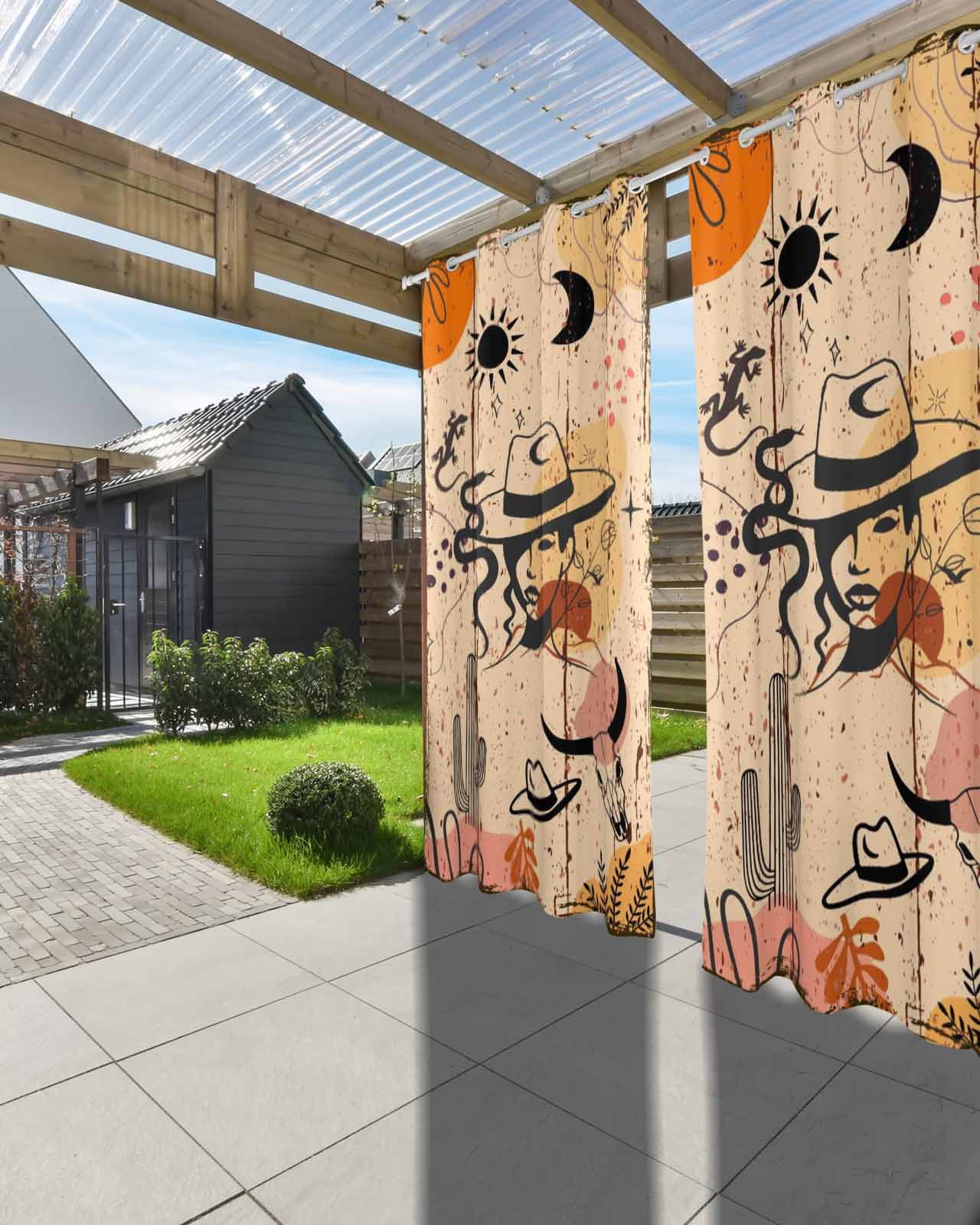 Western Boho Outdoor Curtains for Patio, Vintage Cowboys Abstract Cactus Plant Brown Privacy Drapes Grommet Waterproof Outside Curtains for Porch/Cabana/Balcony 54"x 84", 1 Panel