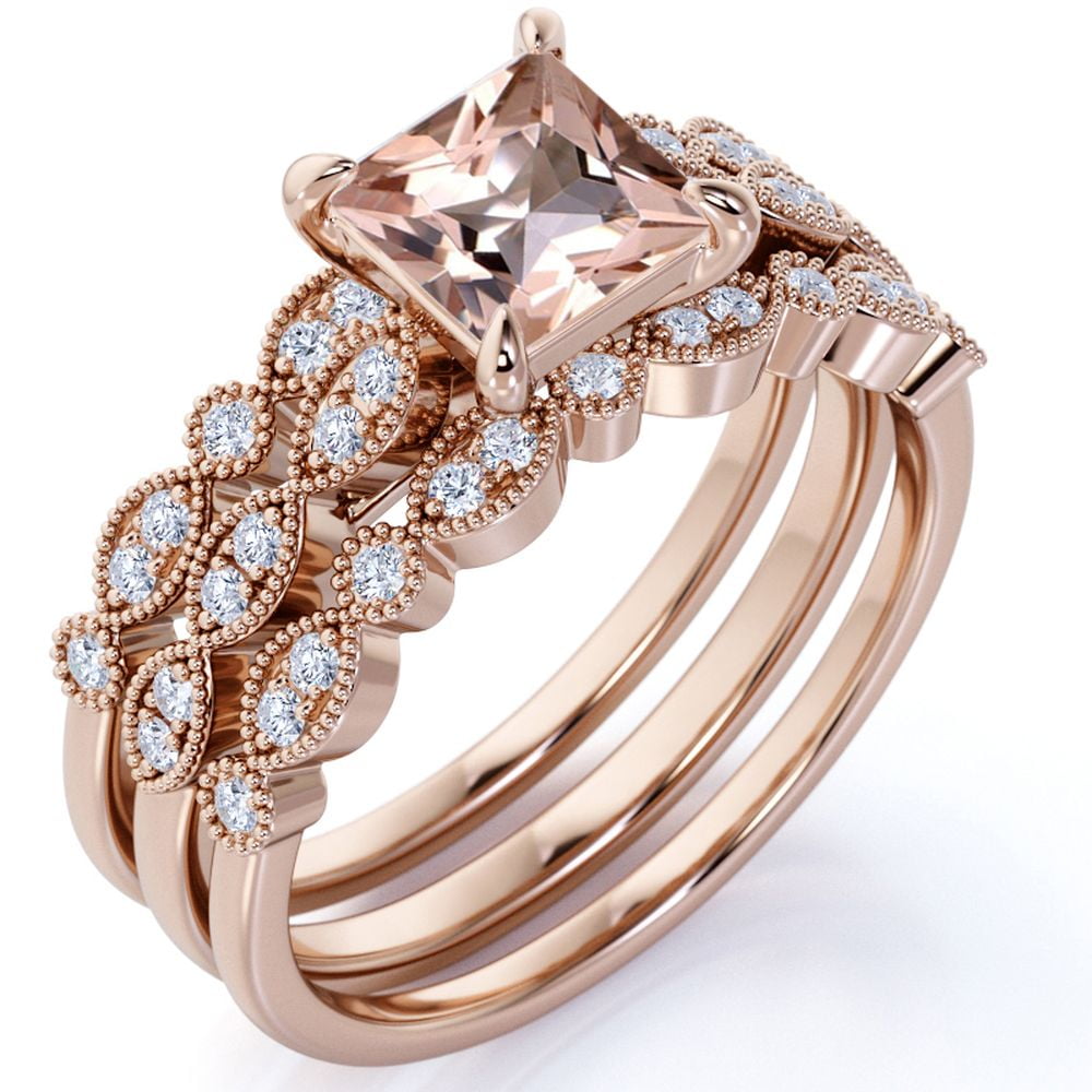 JeenMata 2 Carat Princess Cut Created Morganite and Moissanite Trio Wedding Ring Set in Rose Gold