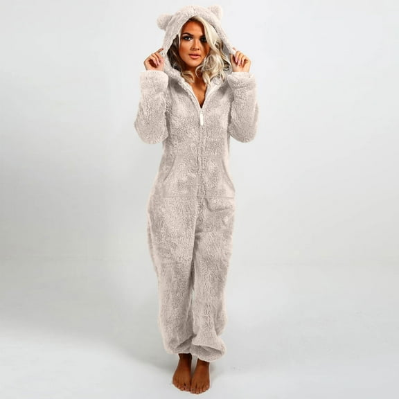 Xdegoge Fleece Pajamas Women Cozy Long Sleeve Onesies with Pockets Fuzzy Cute Ear Hooded Zip Up Romper Sleepwear Winter Lounge Solid Color Jumpsuit One Piece Pjs