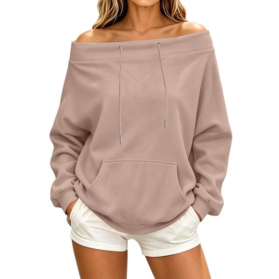 Karymi Plus Size Tops for Women Solid Off the Shoulder Hoodie, Oversized Long Sleeve Loose Pullover Sweatshirt with Front Kangaroo Pocket for Autumn Winter