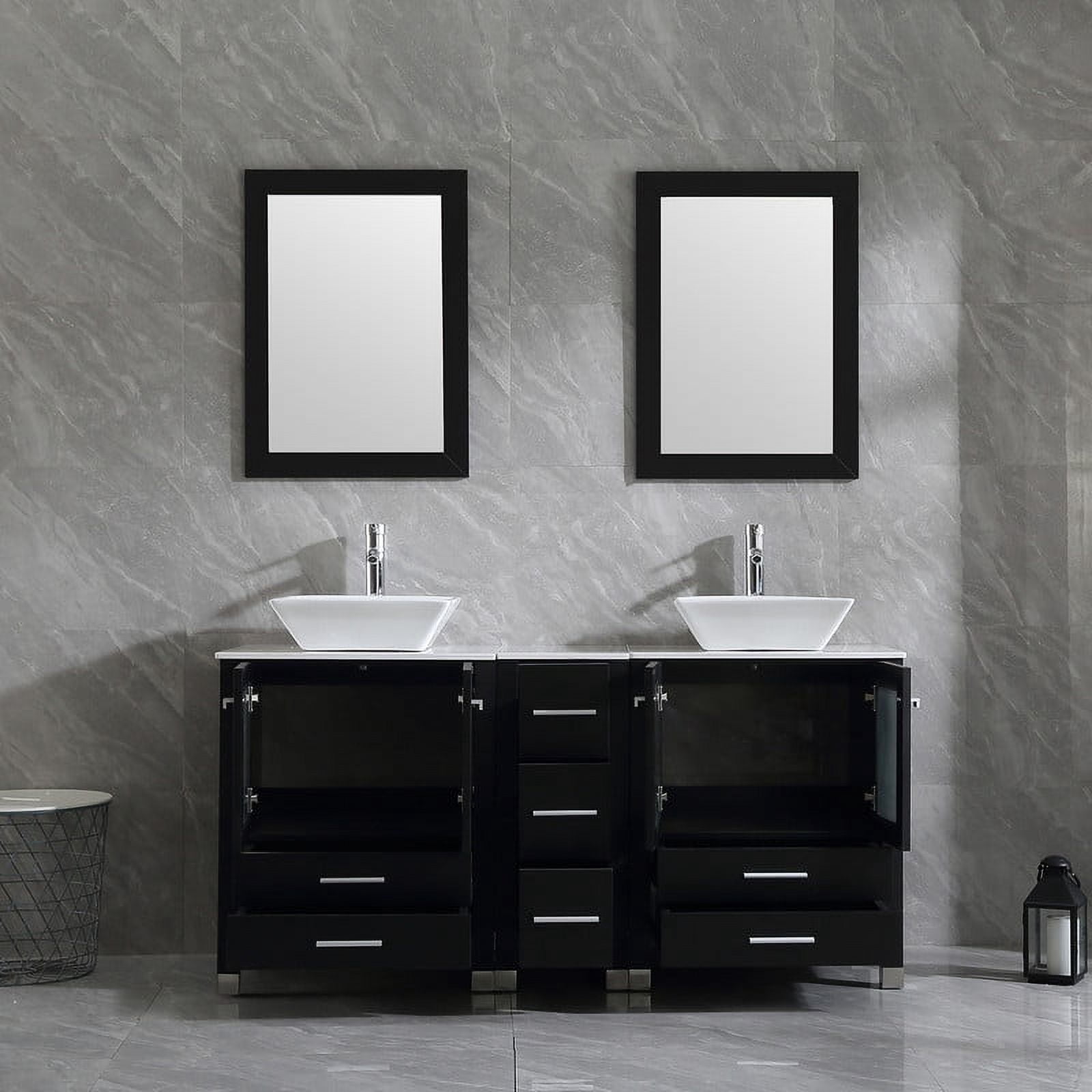 Walsport Bathroom Vanity,60" Stand Pedestal Bathroom Cabinet Top Square Ceramic Vessel Sink Faucet Drain Combo with Mirror Vanities Set,Black