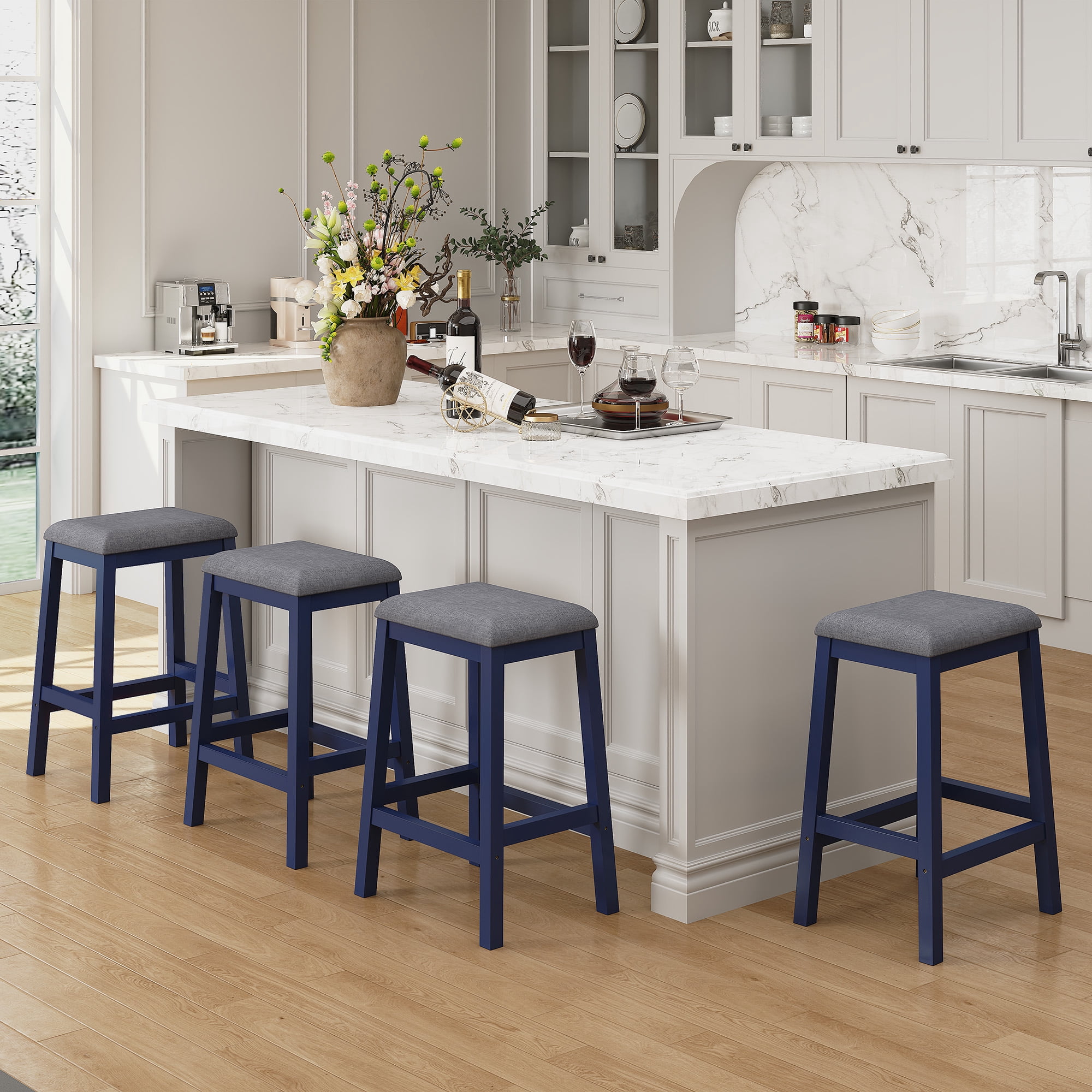 HLR 24.8" Bar Stools, Farmhouse Set of 2 Bar Chairs with Cushion for Kitchen, Dining Room, Cafe Blue