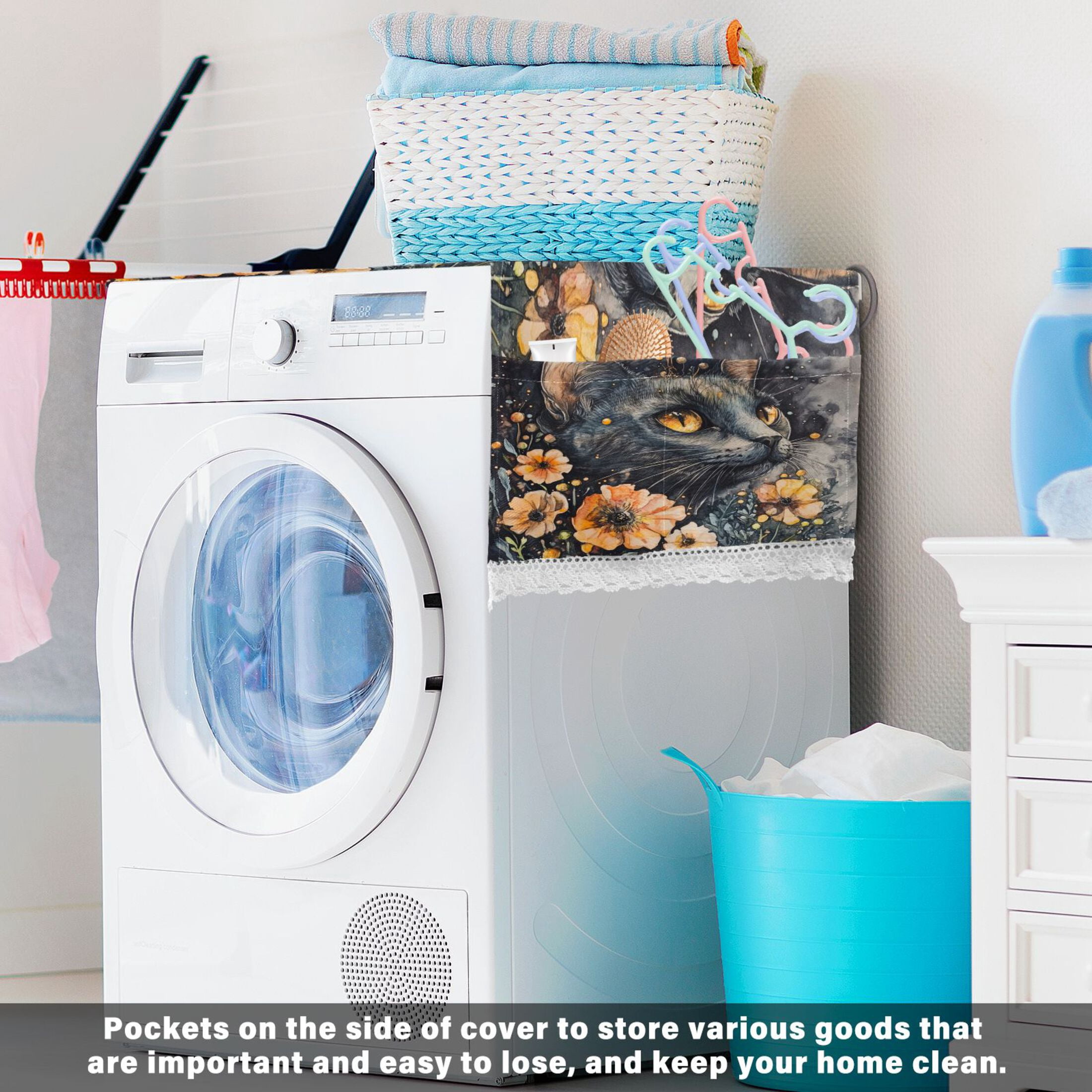 WOBOGO Tabby with Flowers Washing Machine Cloth Dryer Refrigerator Top Cover Protective Non-Slip Mat For Kitchen Laundry