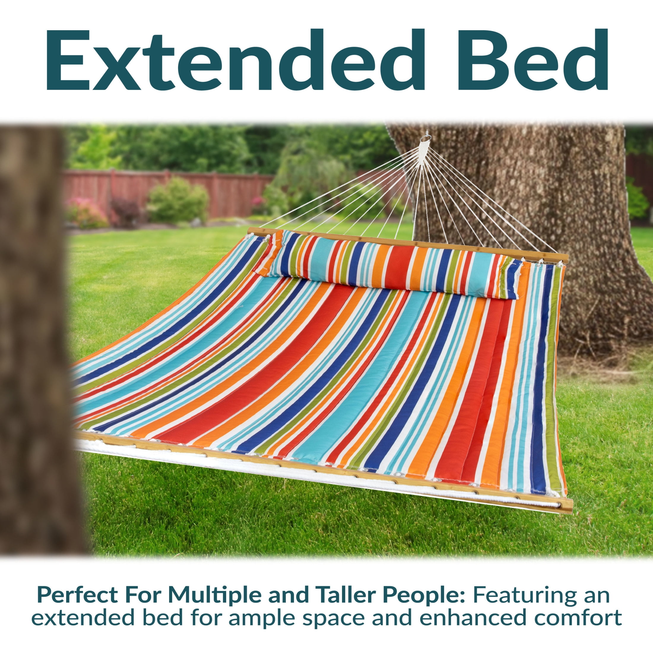 Sunnydaze 2-Person Quilted Polyester Spreader Bar Hammock, 450 lb Capacity - Caribbean Stripe