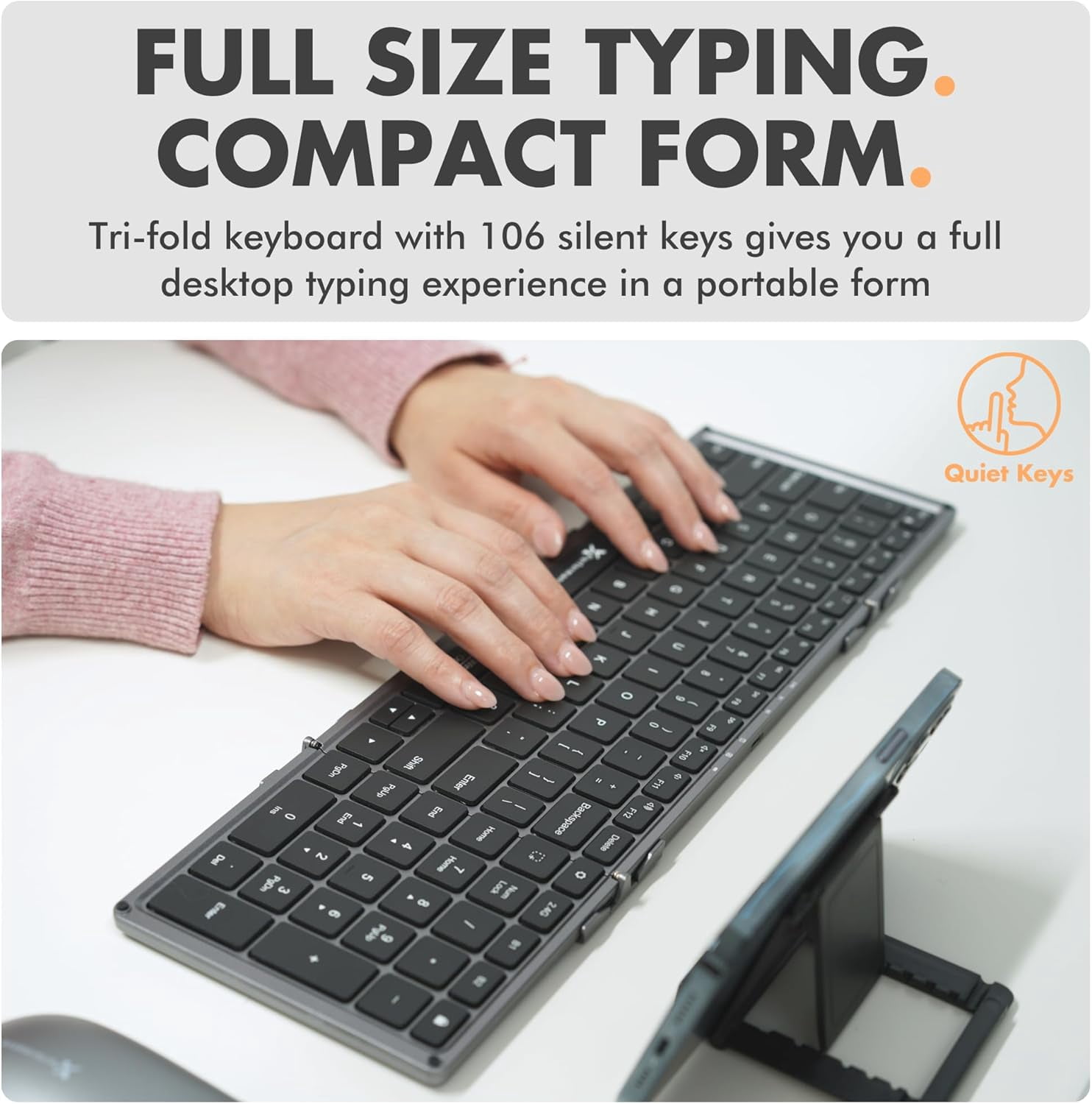 X9 Performance Foldable Keyboard and Mouse Wireless - (BT + 2.4Ghz) - Carrying Case, Phone Stand, Full Sized 106 Keys, Rechargeable - Portable Travel Bluetooth Keyboard and Mouse Set - Space Gray