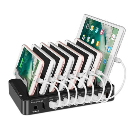 USB Charging Station Dock Desktop Organizer 10 Port - Hub Charger with Fast Charge for Multiple Devices, Kindle, Smartphone, Tablets, iPhone 8/ X/ Plus, iPad Pro Air, Galaxy S8 S9 Edge Plus