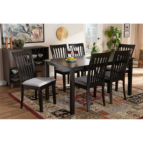 Baxton Studio Minette Modern and Contemporary Gray Fabric Upholstered and Espresso Brown Finished Wood 7-Piece Dining