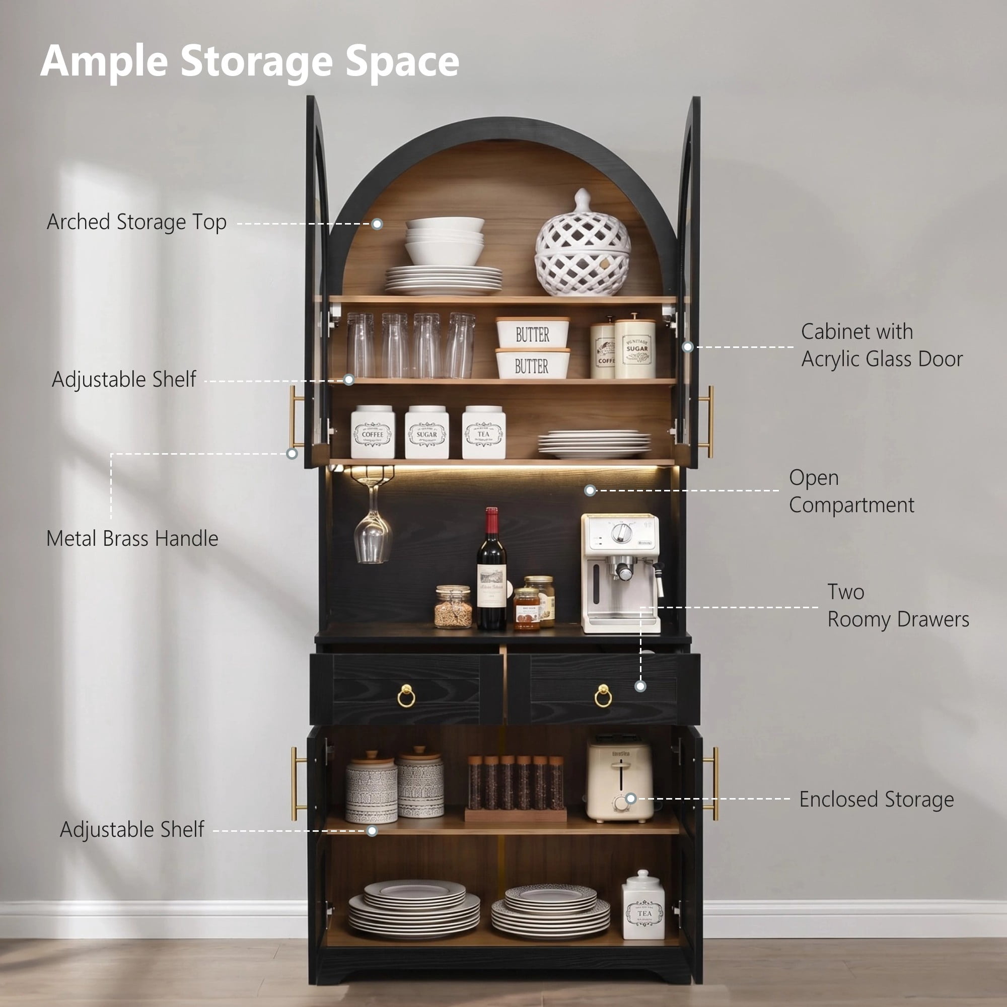 Aukfa 73" Tall Arched Kitchen Pantry, Accent Storage Cabinet with 3 Glass Doors & Door Shelves, Farmhouse Cupboard, Black