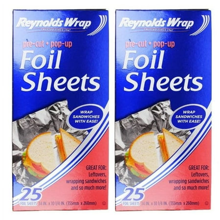 Reynolds Wrap Pop Up Pre-Cut Foil Sheets Cover Wraps & Stores Food Sandwiches Left Overs Easily 10"x 10.25in. Set of 2 (50 Sheets Total)