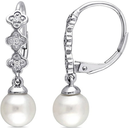 Miabella 7.5-8mm White Round Cultured Freshwater Pearl and Diamond-Accent 10kt White Gold Floral Dangle Leverback Earrings