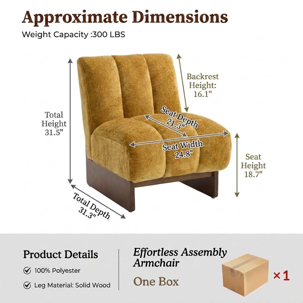 MOONMISS Modern Chenille Fabric Armchair with Wood Legs, Comfy Upholstered Reading Accent Chairs for Living Room,Yellow